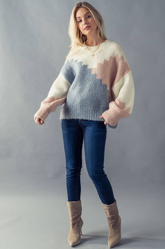 ***SALE*** Colorblock Stair Pattern Bishop Sleeve Sweater