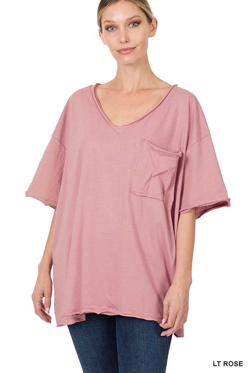 Oversized Front Pocket Raw Edge Boyfriend Tee