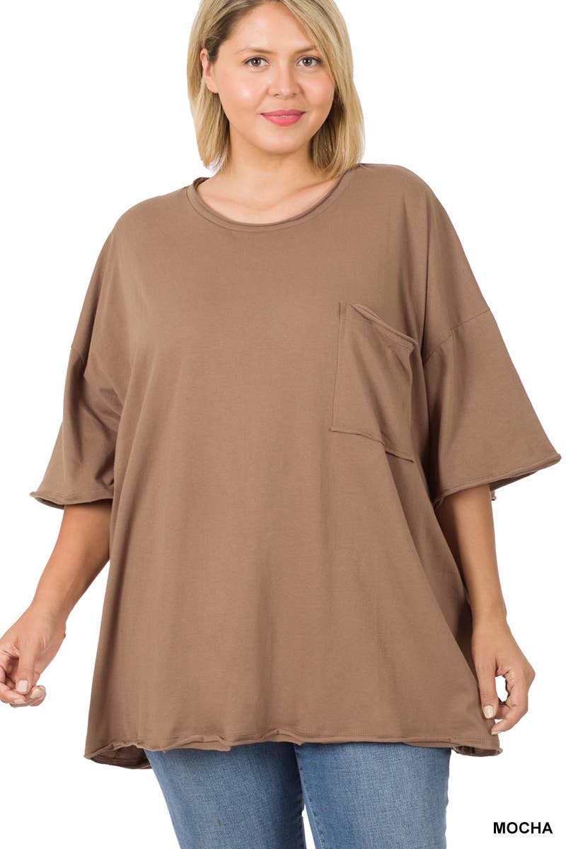 Plus Oversized Front Pocket Raw Edge Boyfriend Tee