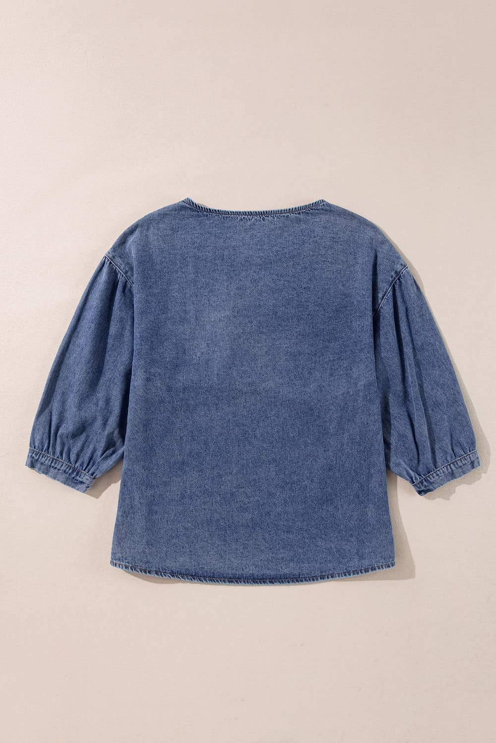 Denim Ruffled Trim Pocket 3/4 Sleeve Top
