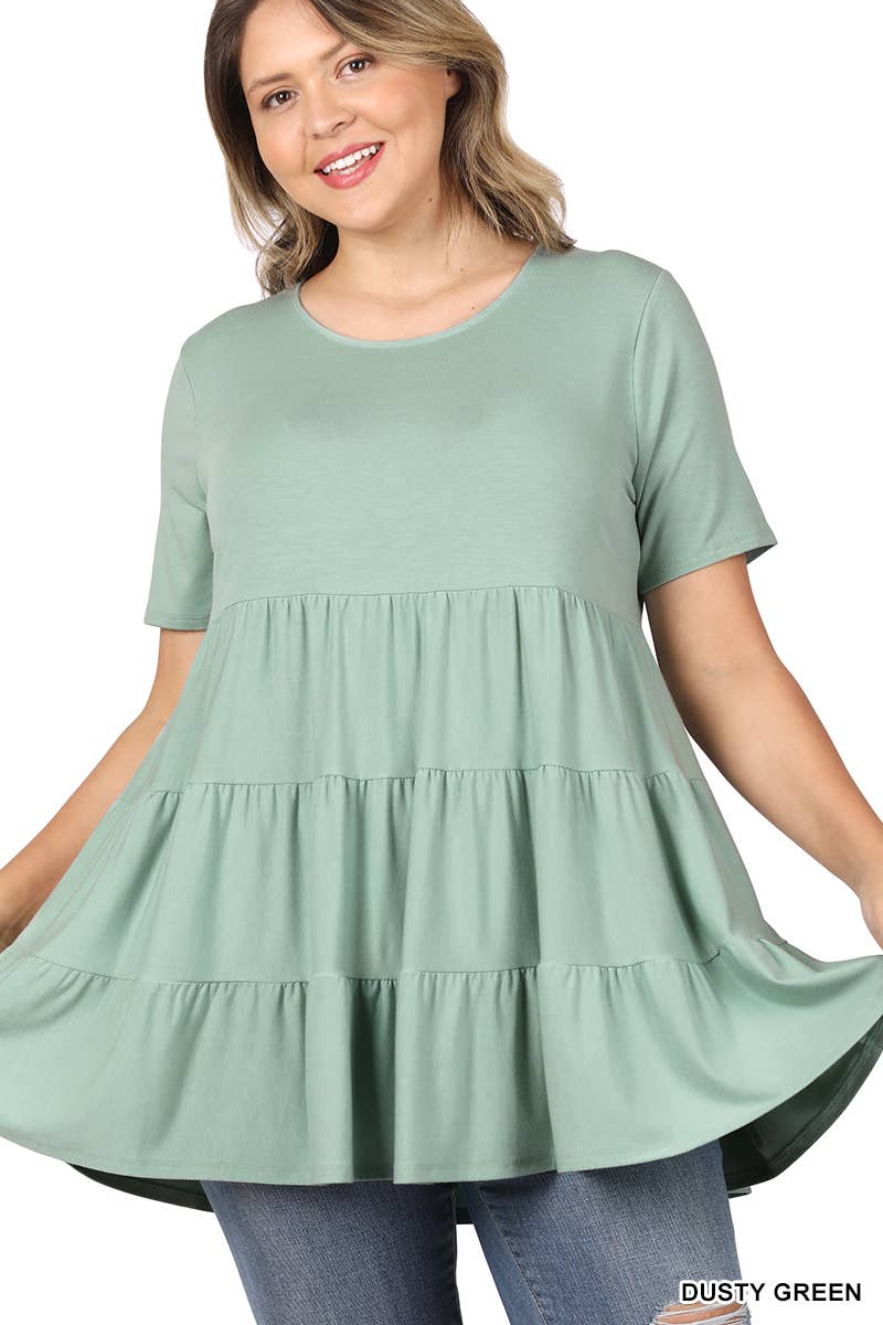 Ash Mocha Plus Short Sleeve Tiered Ruffle Tunic