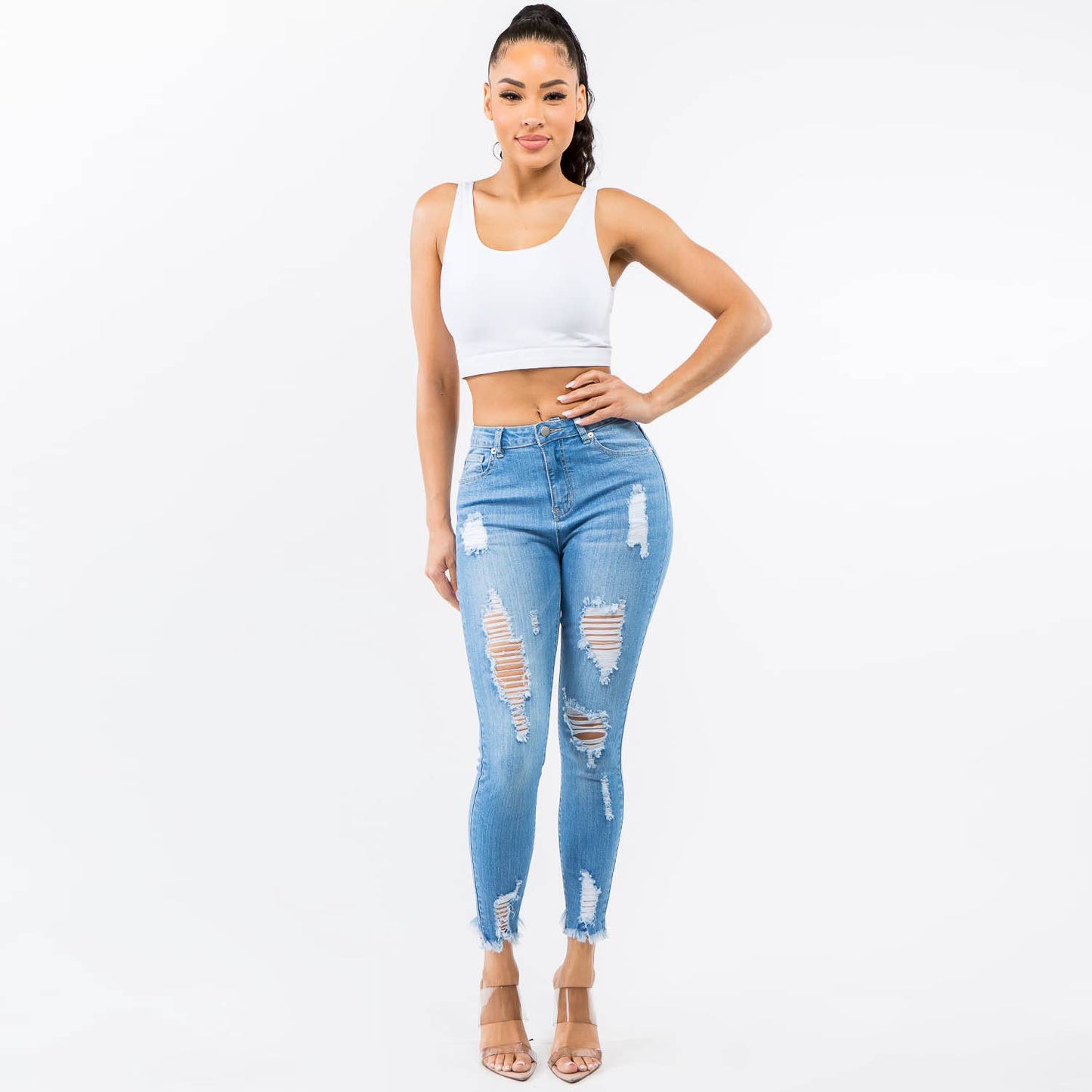 High Waist Distressed Skinny Jeans-RJH5086