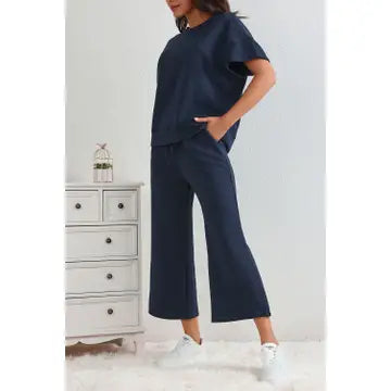 Black Textured Loose Fit TShirt & Drawstring Pants Set