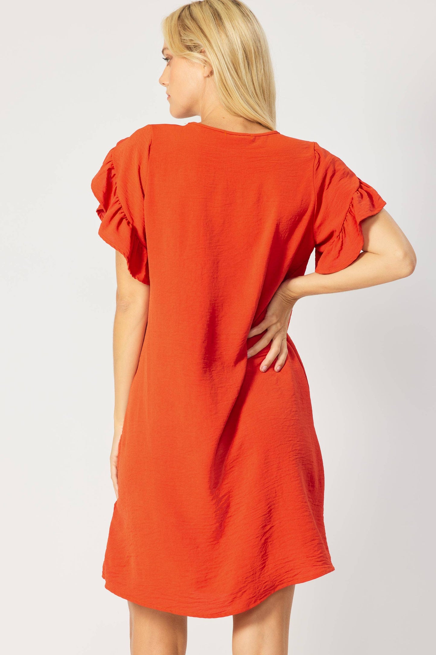 Solid VNeck Air Flow Shift Dress w/Ruffle Sleeves