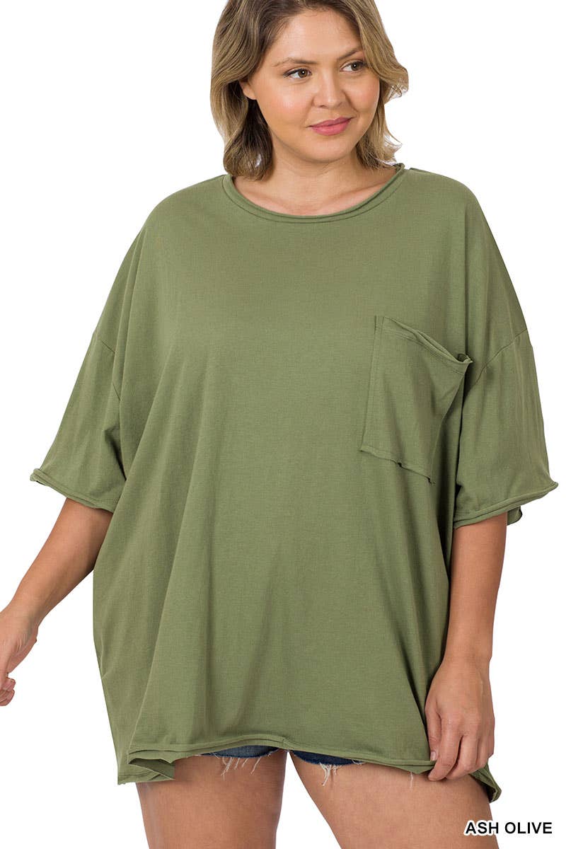 Plus Oversized Front Pocket Raw Edge Boyfriend Tee