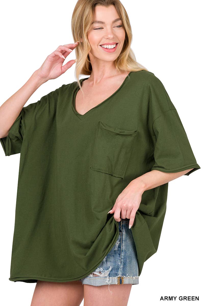 Oversized Front Pocket Raw Edge Boyfriend Tee