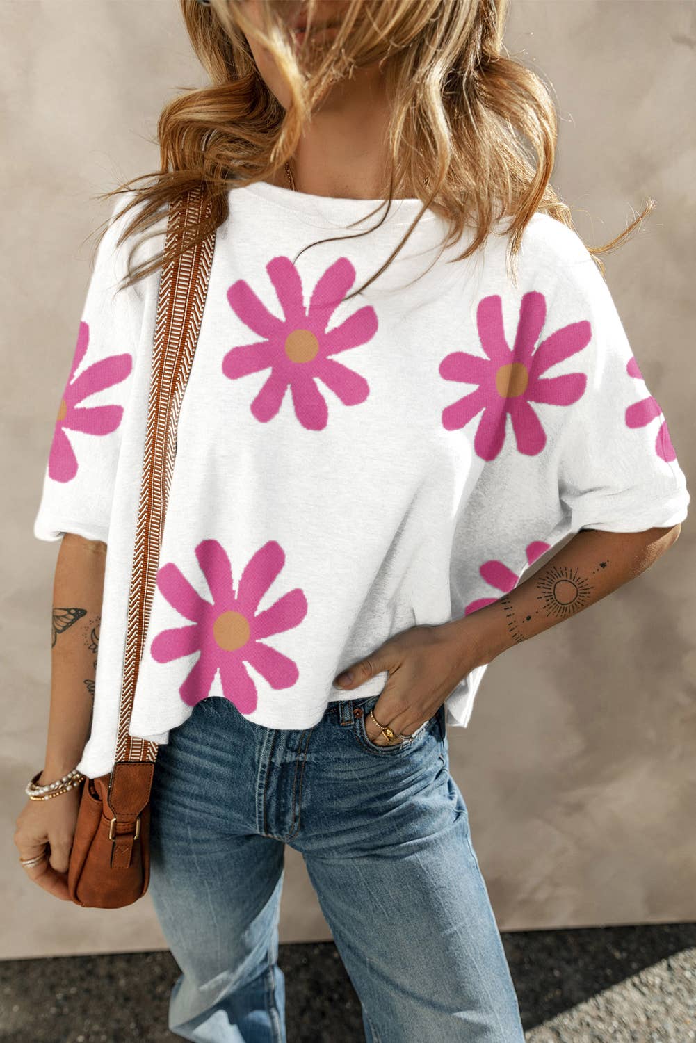 LDC Big Flower Pattern Round Neck Shift Blouse