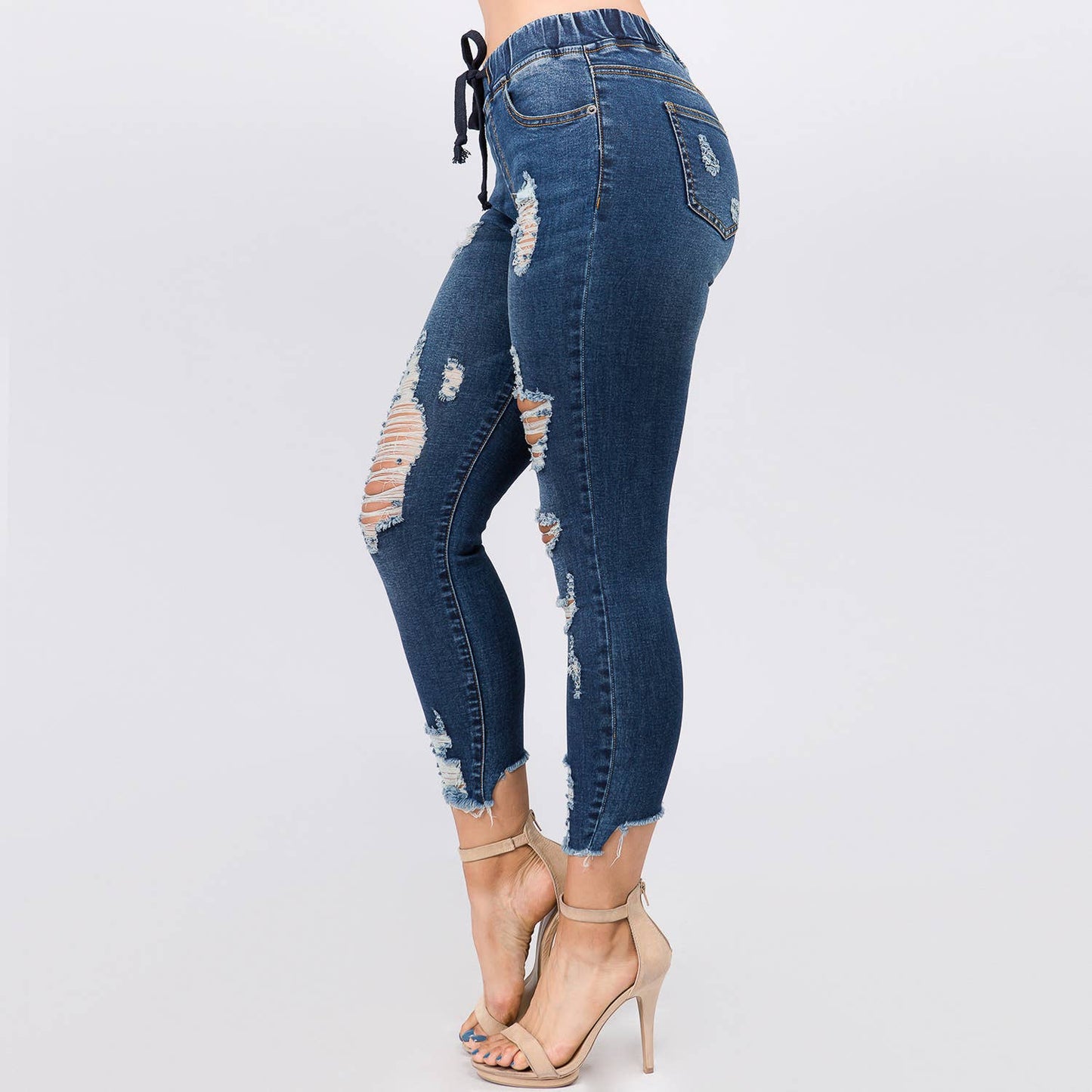 Distressed Denim Joggers w/Drawstring-RJJ2819