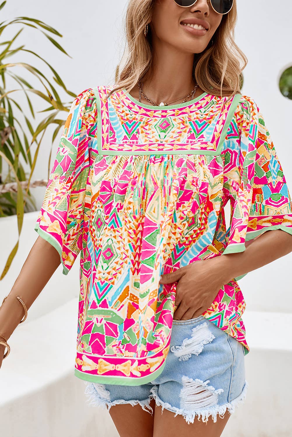 ***SALE*** LDC Geometric Print Bell Sleeve O Neck Babydoll Blouse
