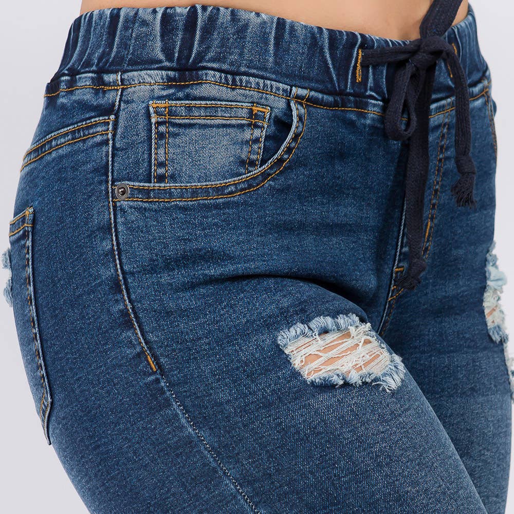 Distressed Denim Joggers w/Drawstring-RJJ2819