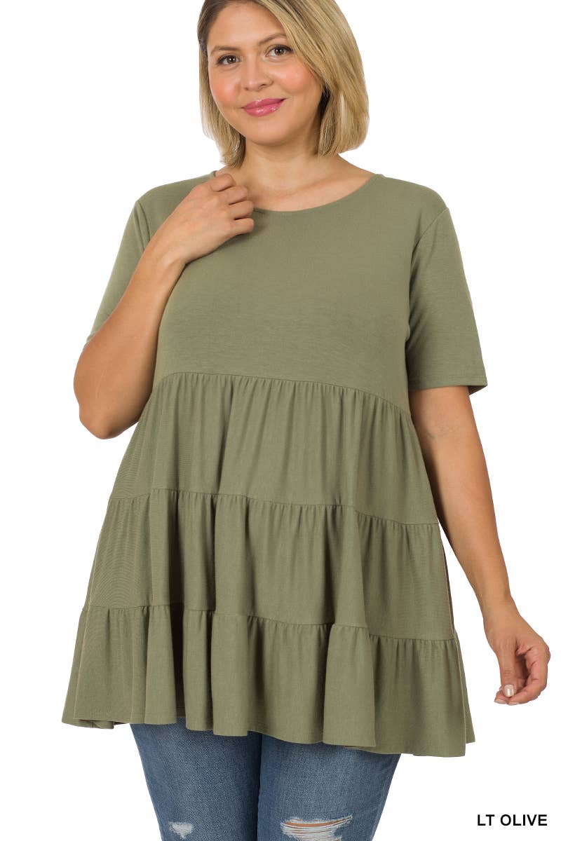 Ash Mocha Plus Short Sleeve Tiered Ruffle Tunic