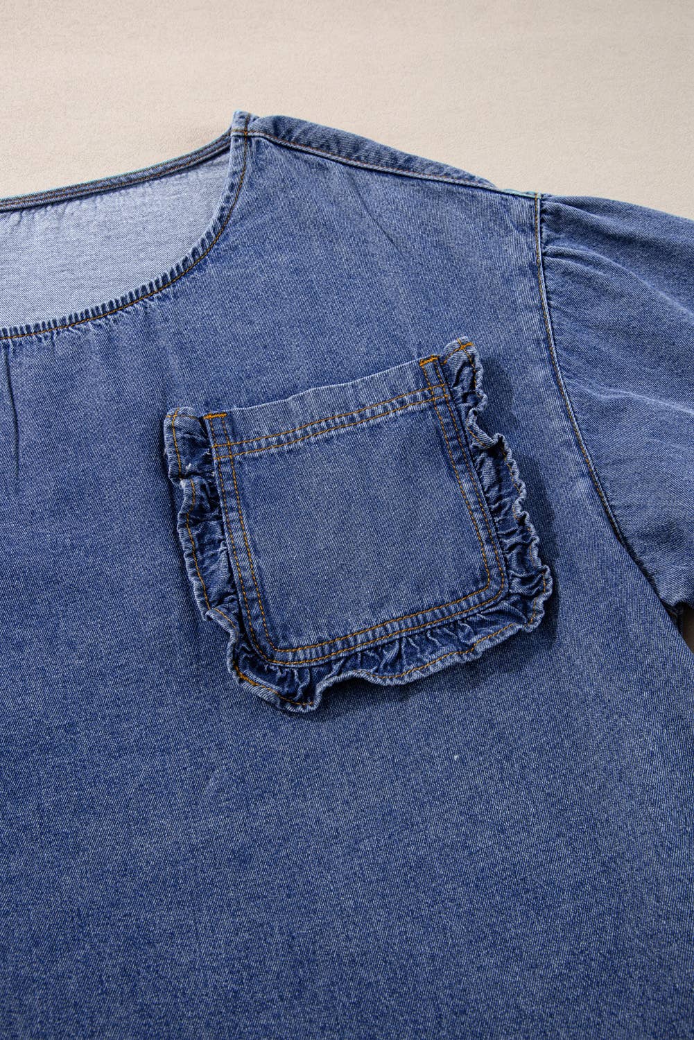 Denim Ruffled Trim Pocket 3/4 Sleeve Top