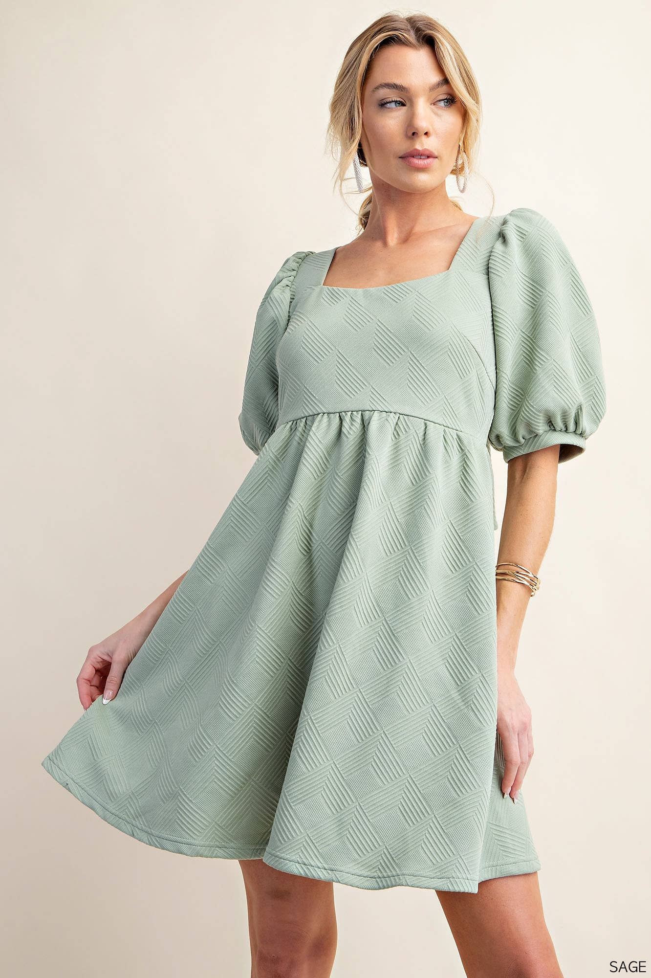 Soft Jacquard Fabric Puff Sleeve Square Neck Lined Pocket Dress