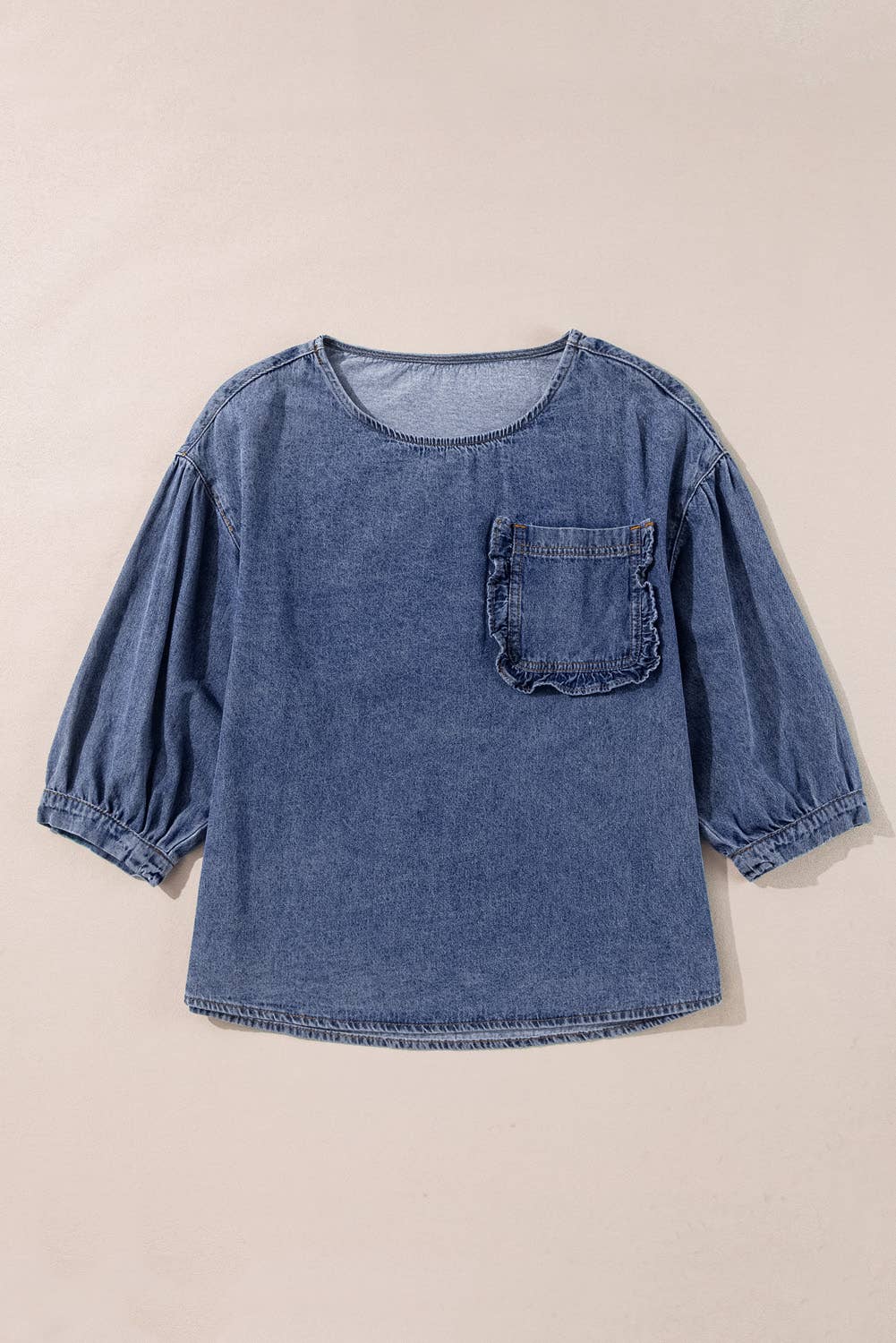 Denim Ruffled Trim Pocket 3/4 Sleeve Top