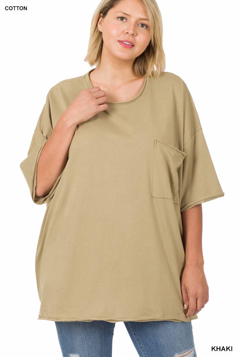 Plus Oversized Front Pocket Raw Edge Boyfriend Tee