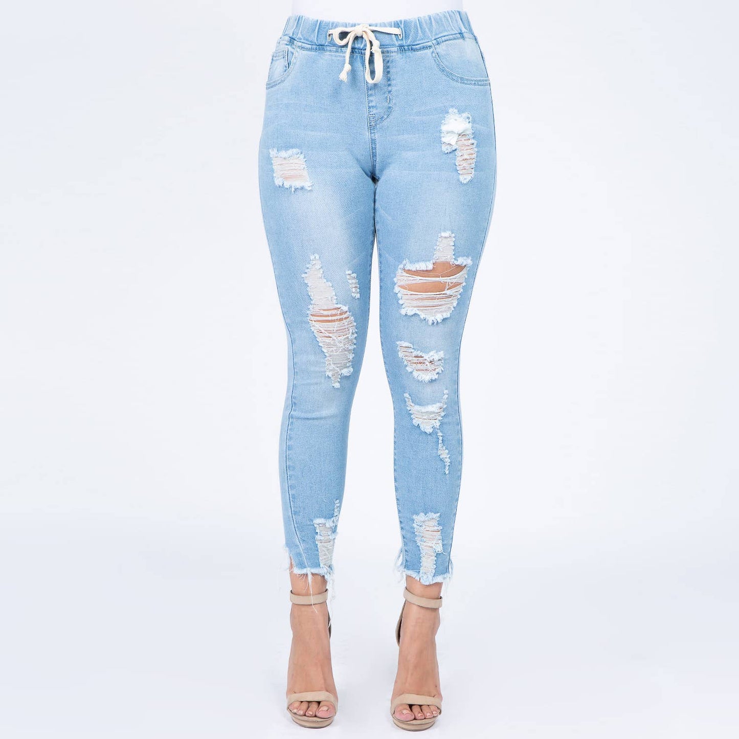Distressed Denim Joggers w/Drawstring-RJJ2819