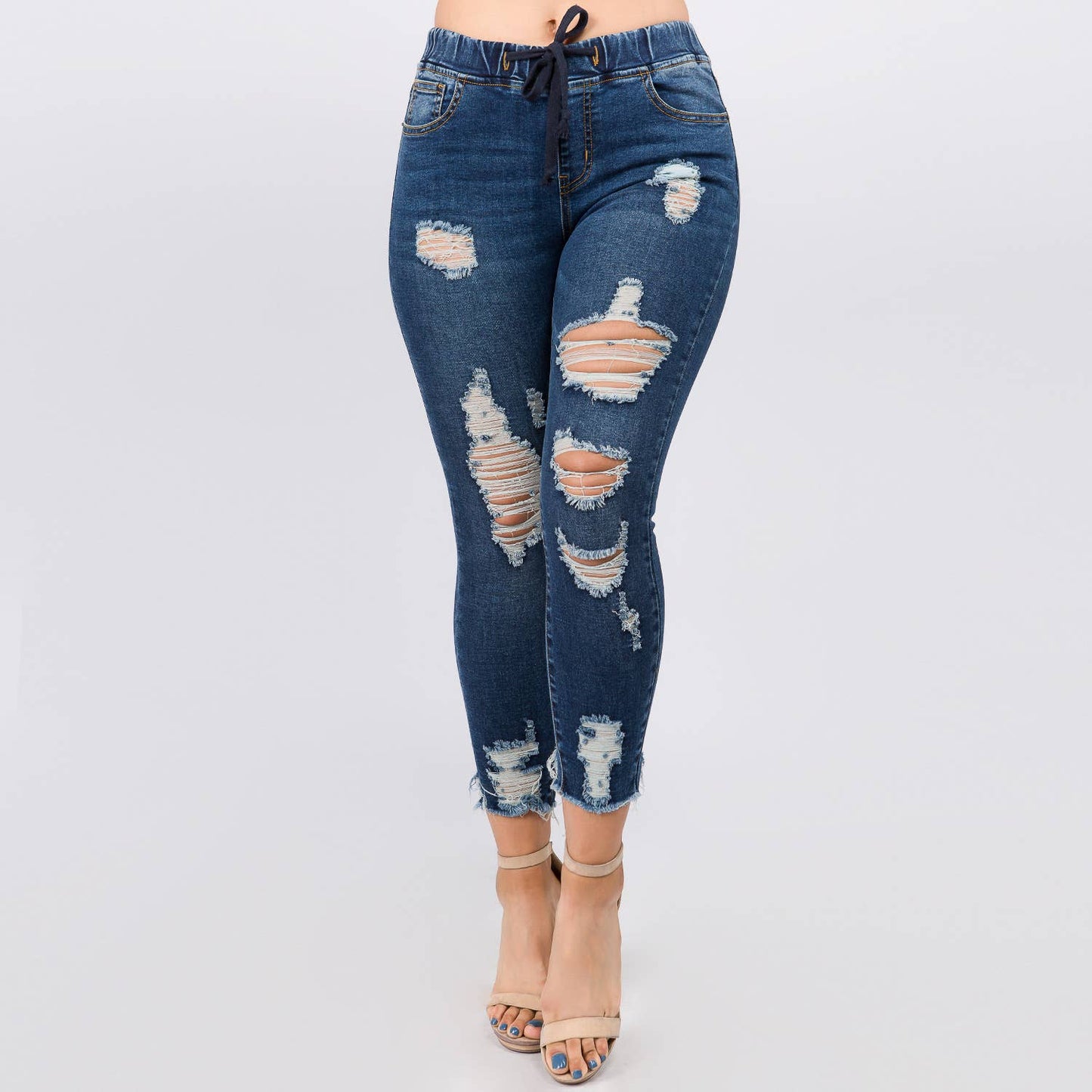 Distressed Denim Joggers w/Drawstring-RJJ2819