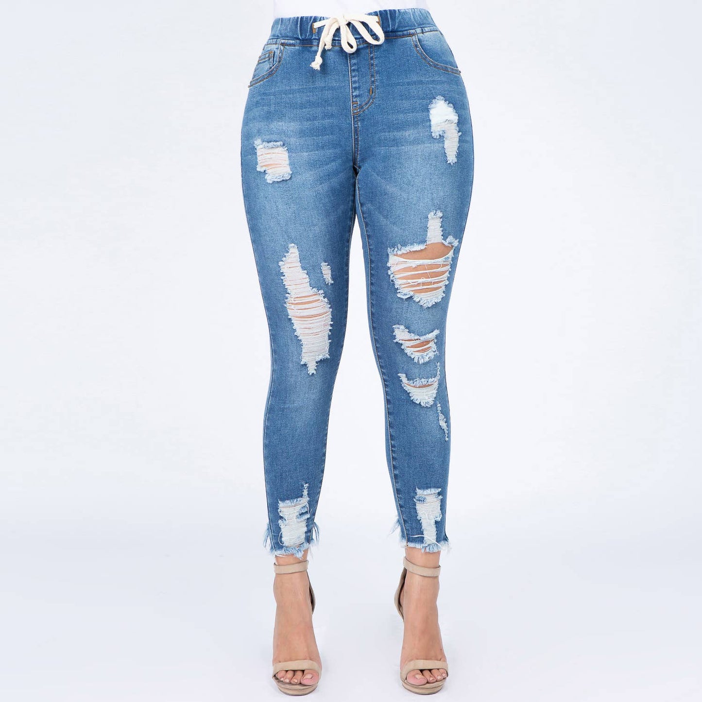 Distressed Denim Joggers w/Drawstring-RJJ2819