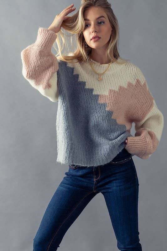 ***SALE*** Colorblock Stair Pattern Bishop Sleeve Sweater