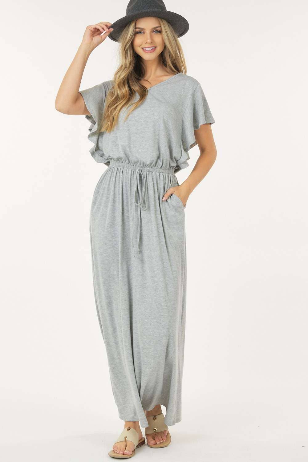 HGrey Short Sleeve V neck Dress w/Waist Tie