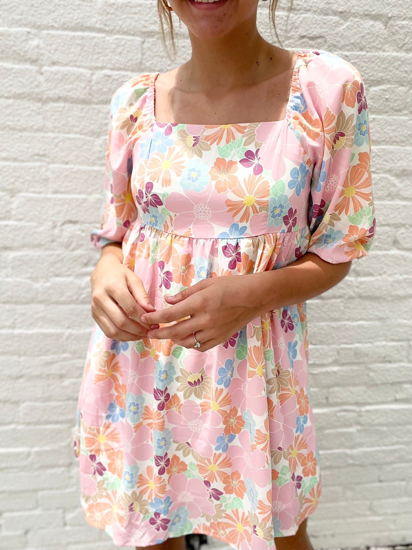 Pink Summer Floral Square Neck Puff Sleeve Babydoll Dress