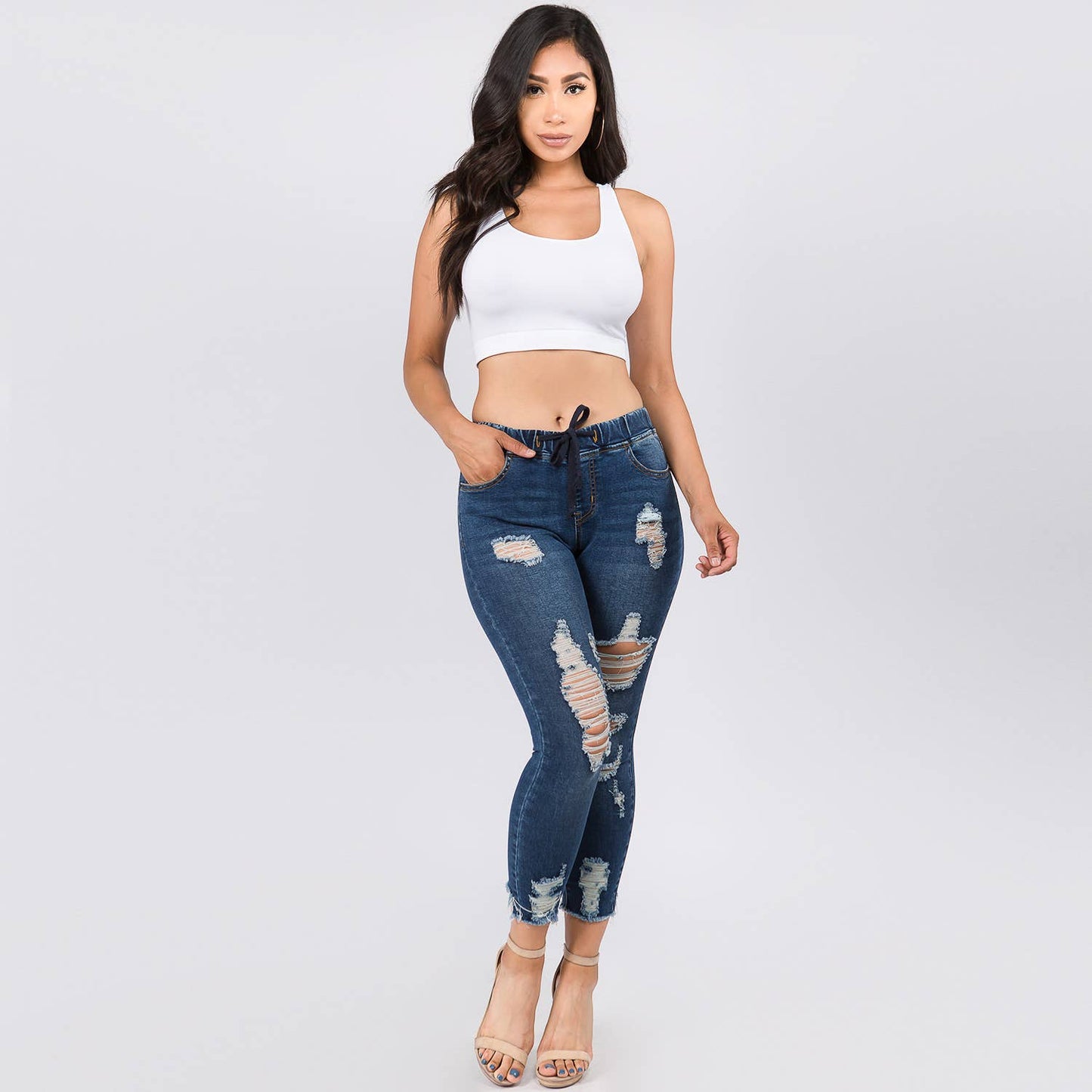 Distressed Denim Joggers w/Drawstring-RJJ2819