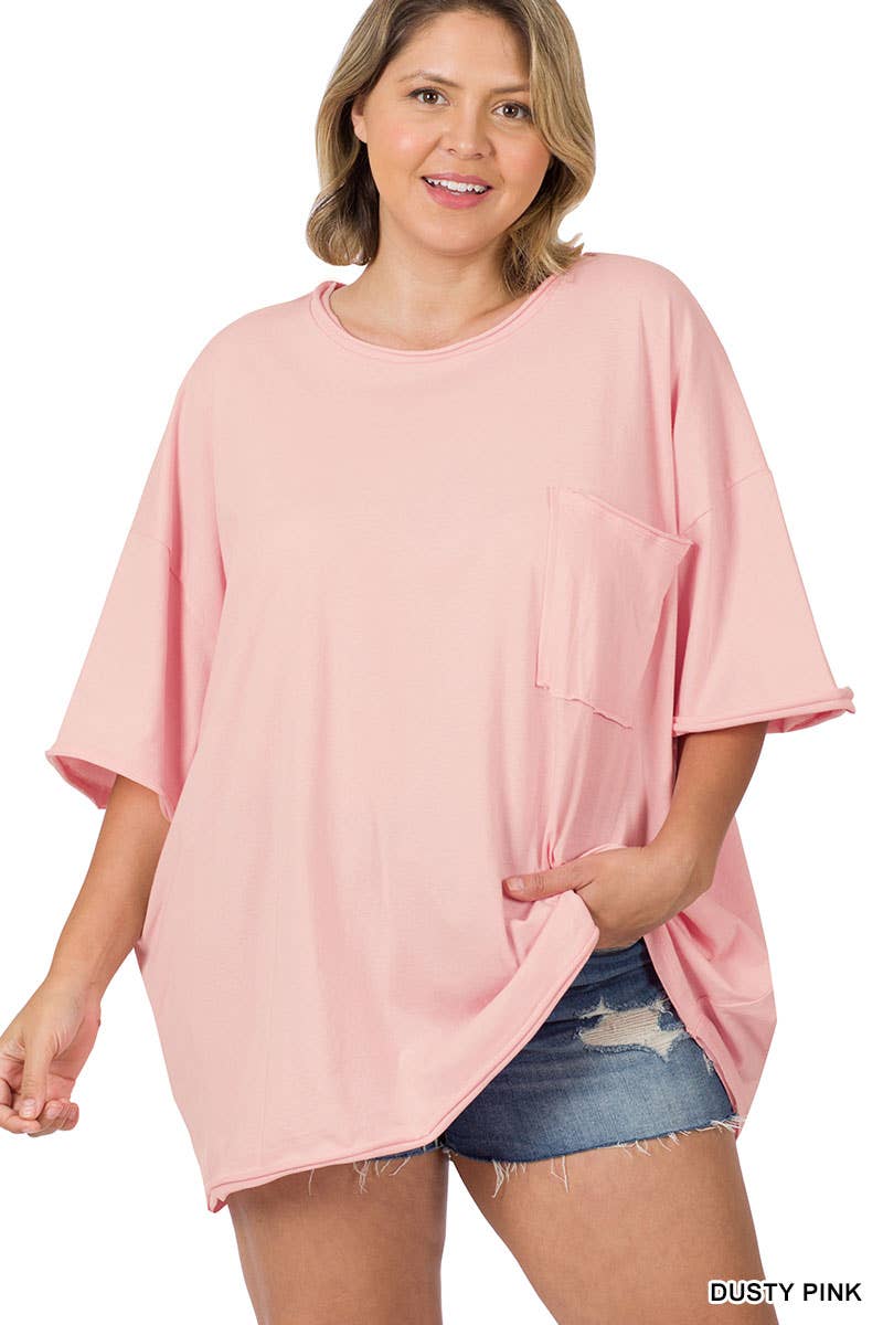 Plus Oversized Front Pocket Raw Edge Boyfriend Tee