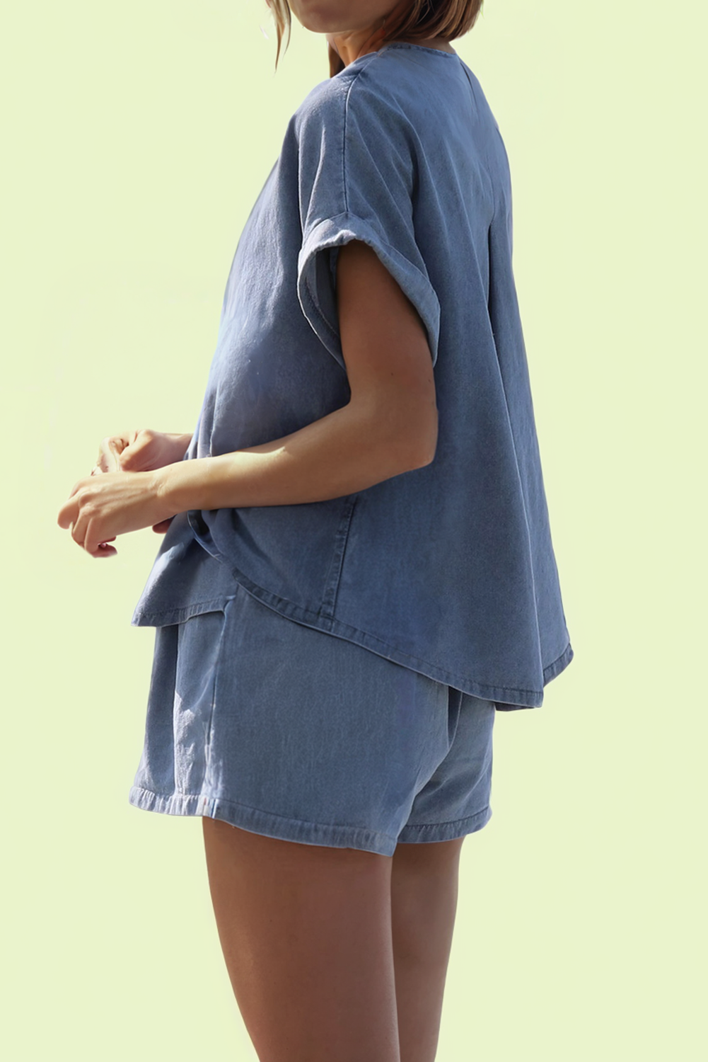 Denim Cuffed Sleeve Tee Elastic Shorts Set