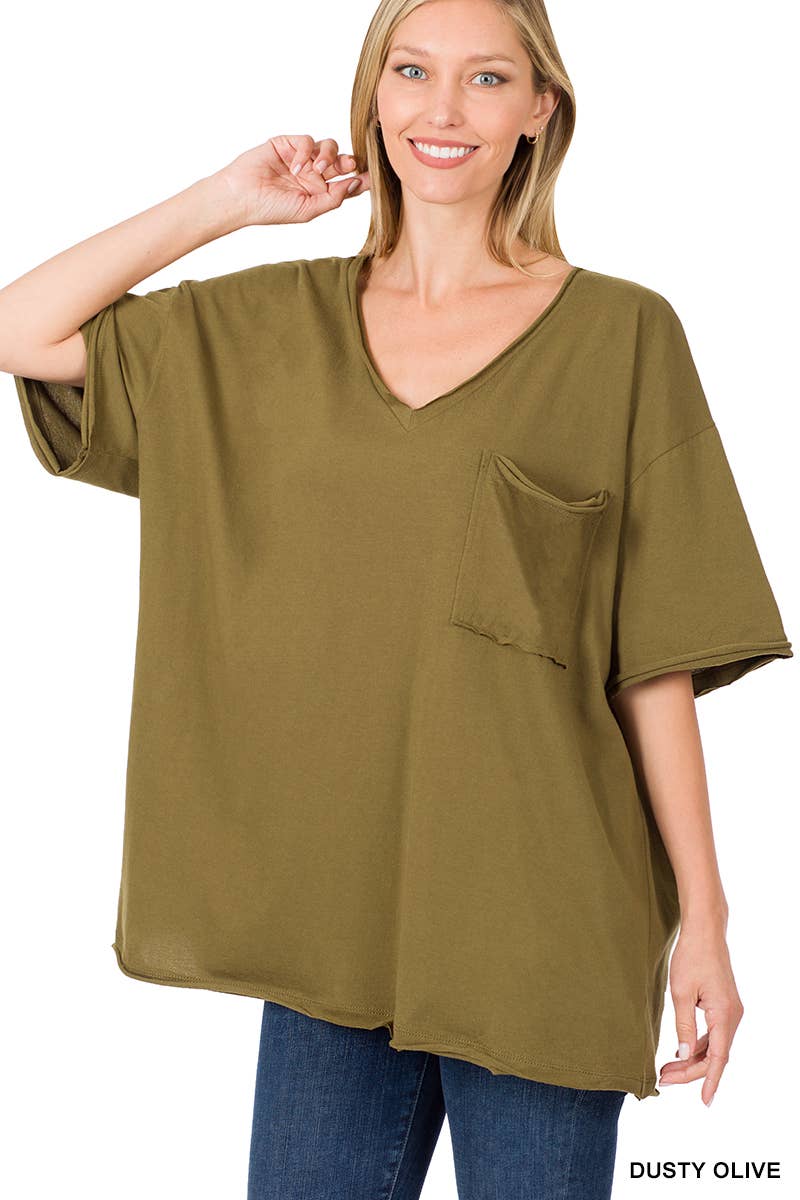 Oversized Front Pocket Raw Edge Boyfriend Tee