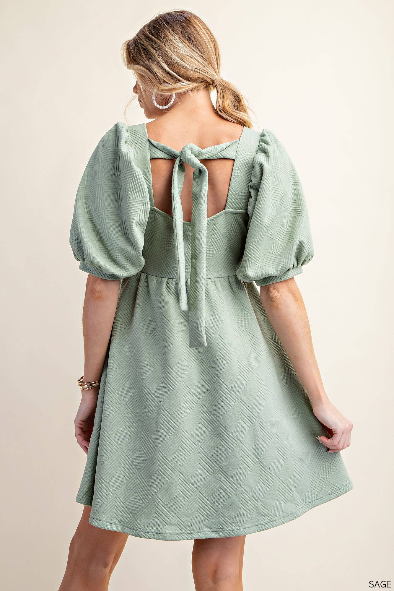 Soft Jacquard Fabric Puff Sleeve Square Neck Lined Pocket Dress