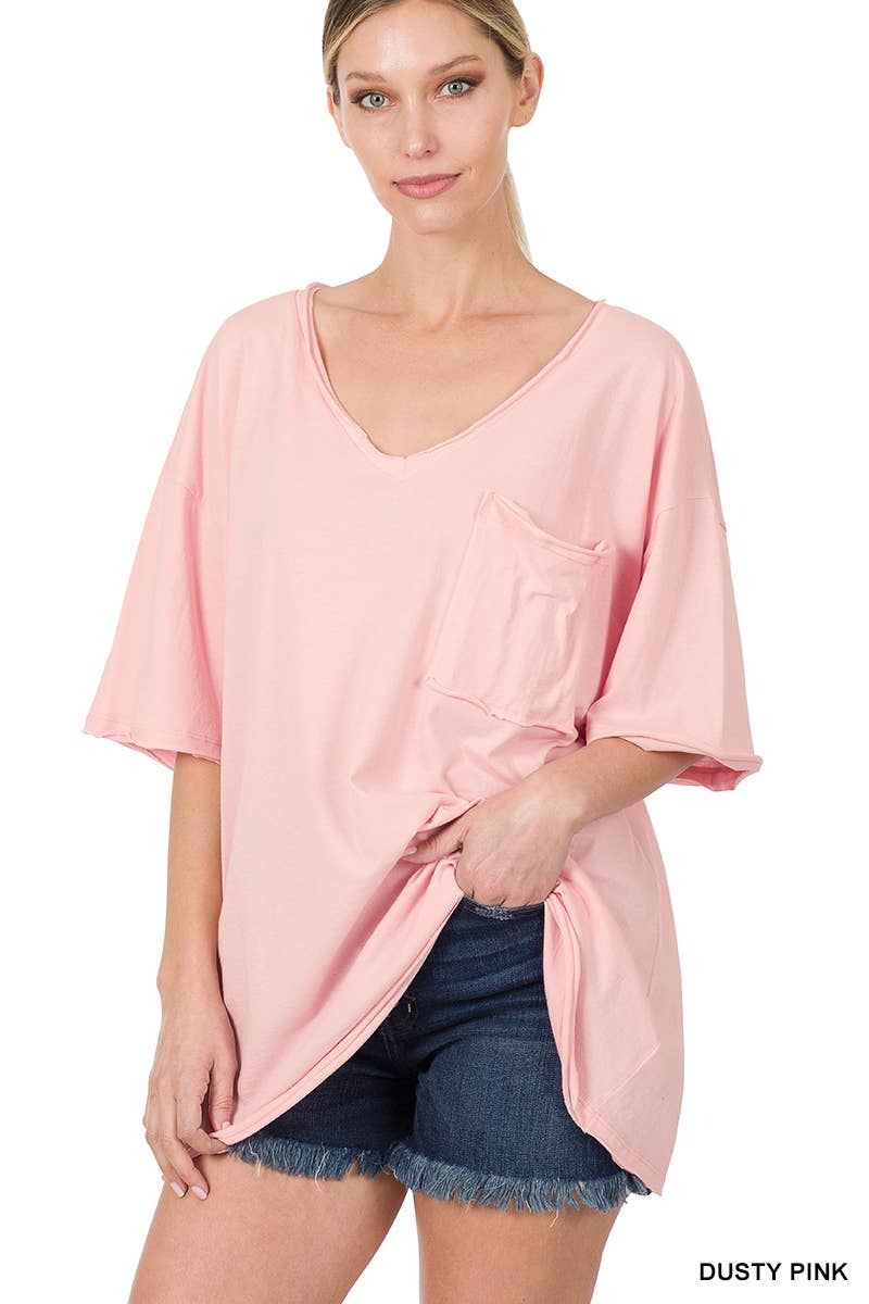 Oversized Front Pocket Raw Edge Boyfriend Tee