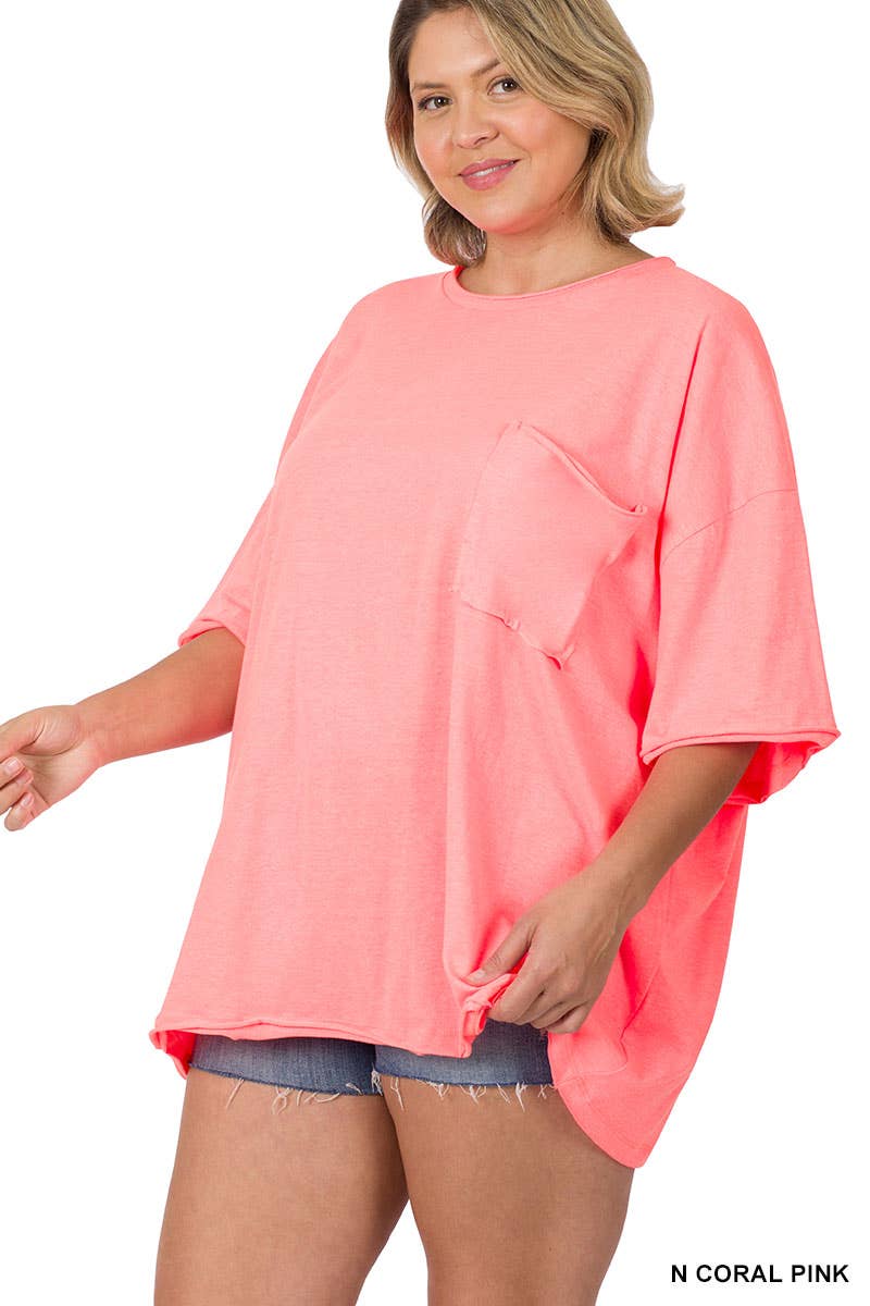 Plus Oversized Front Pocket Raw Edge Boyfriend Tee