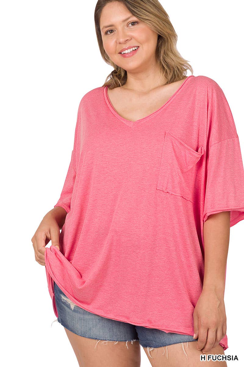 Heather Fuchsia Plus Tri-Blend Oversized Front Pocket Boyfriend Tee