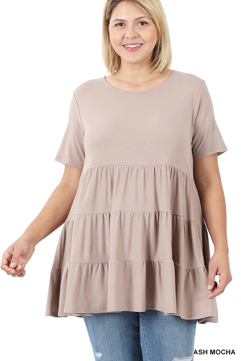 Ash Mocha Plus Short Sleeve Tiered Ruffle Tunic