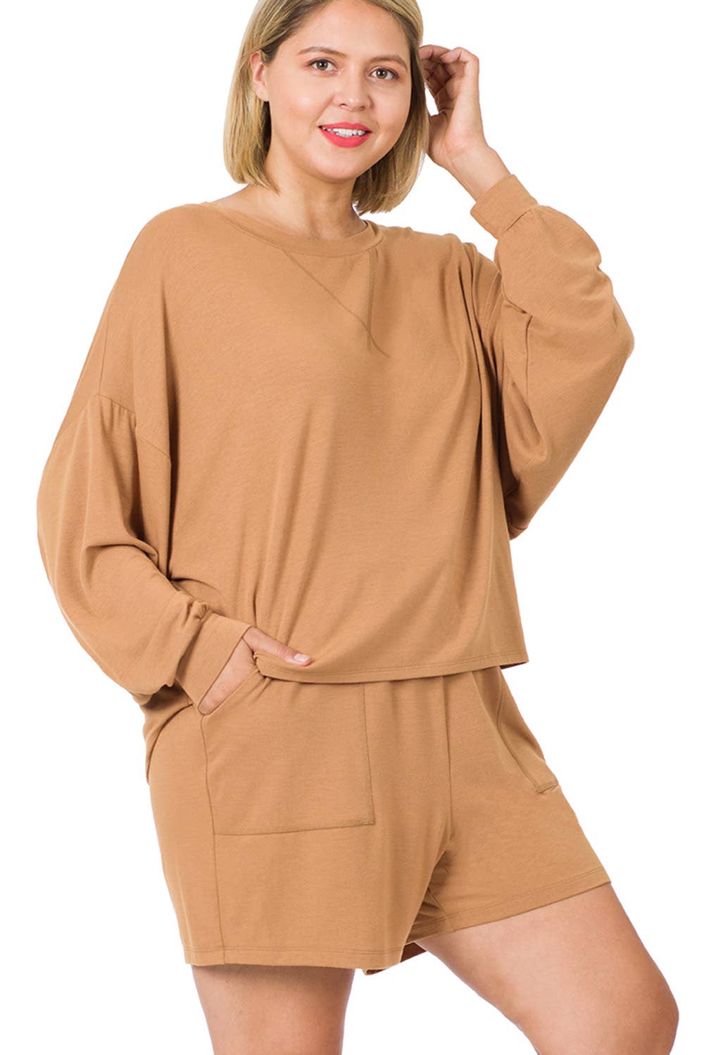 Plus Size - Oversized Drop Shoulder Top/Shorts Set