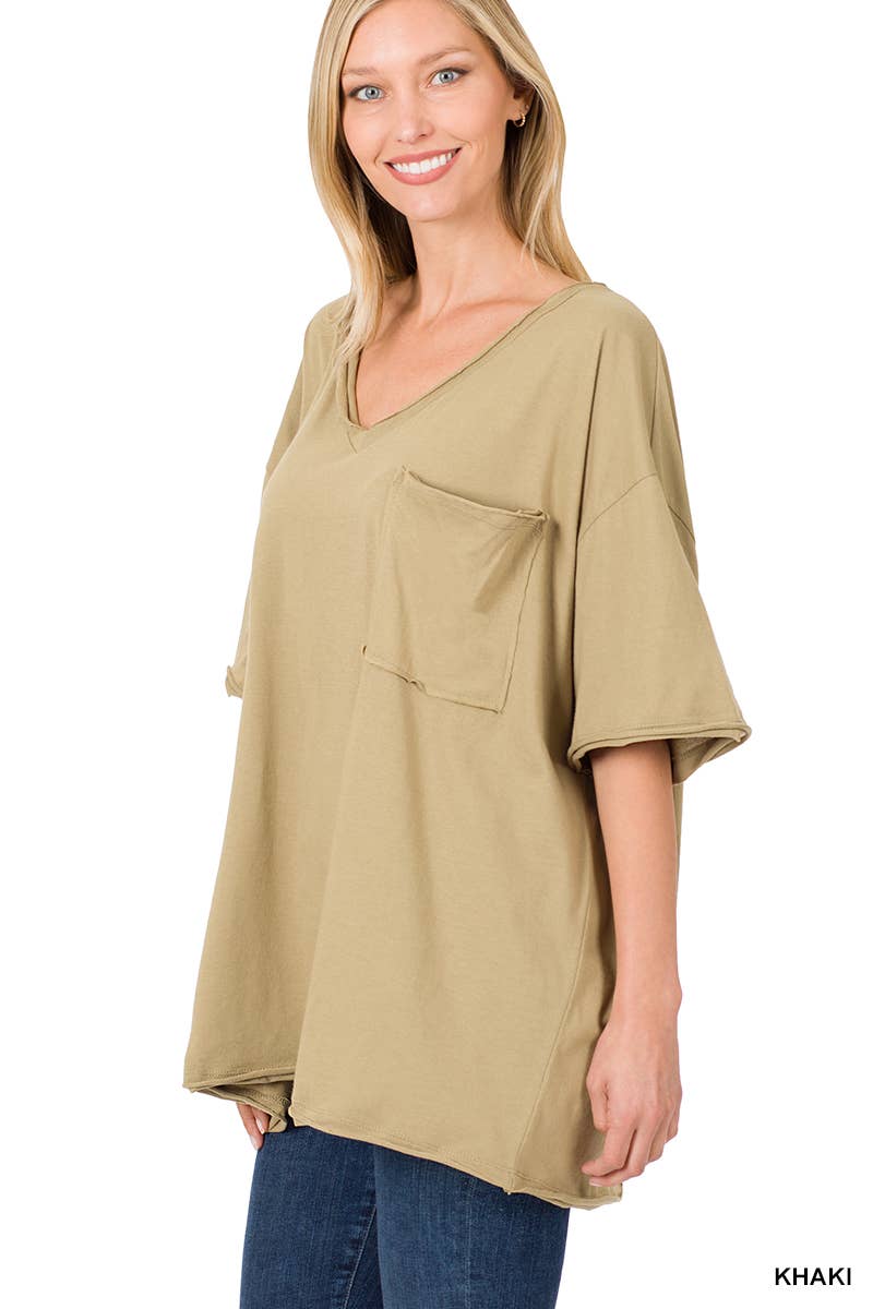 Oversized Front Pocket Raw Edge Boyfriend Tee