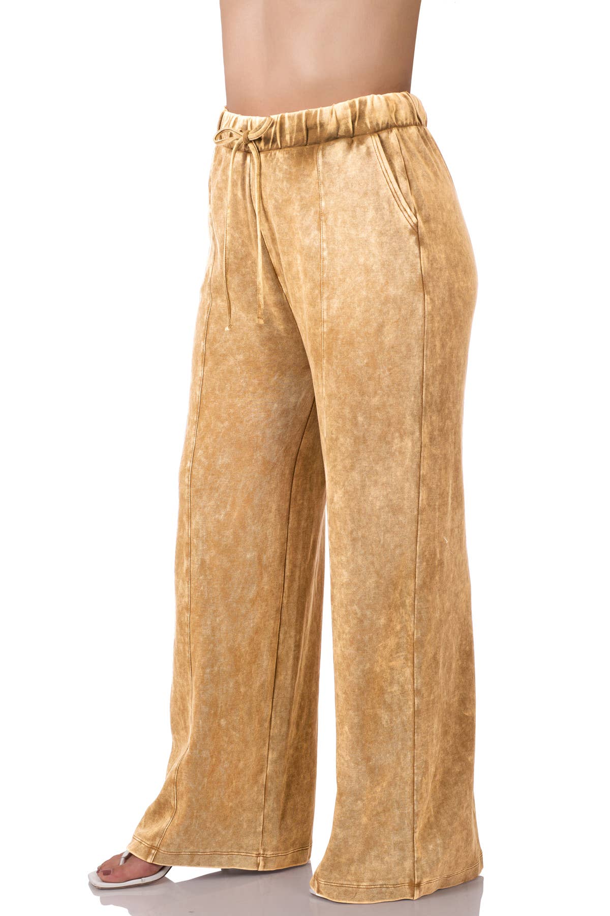 Dark Camel Plus Acid Wash Wide Leg Pants w/Pockets