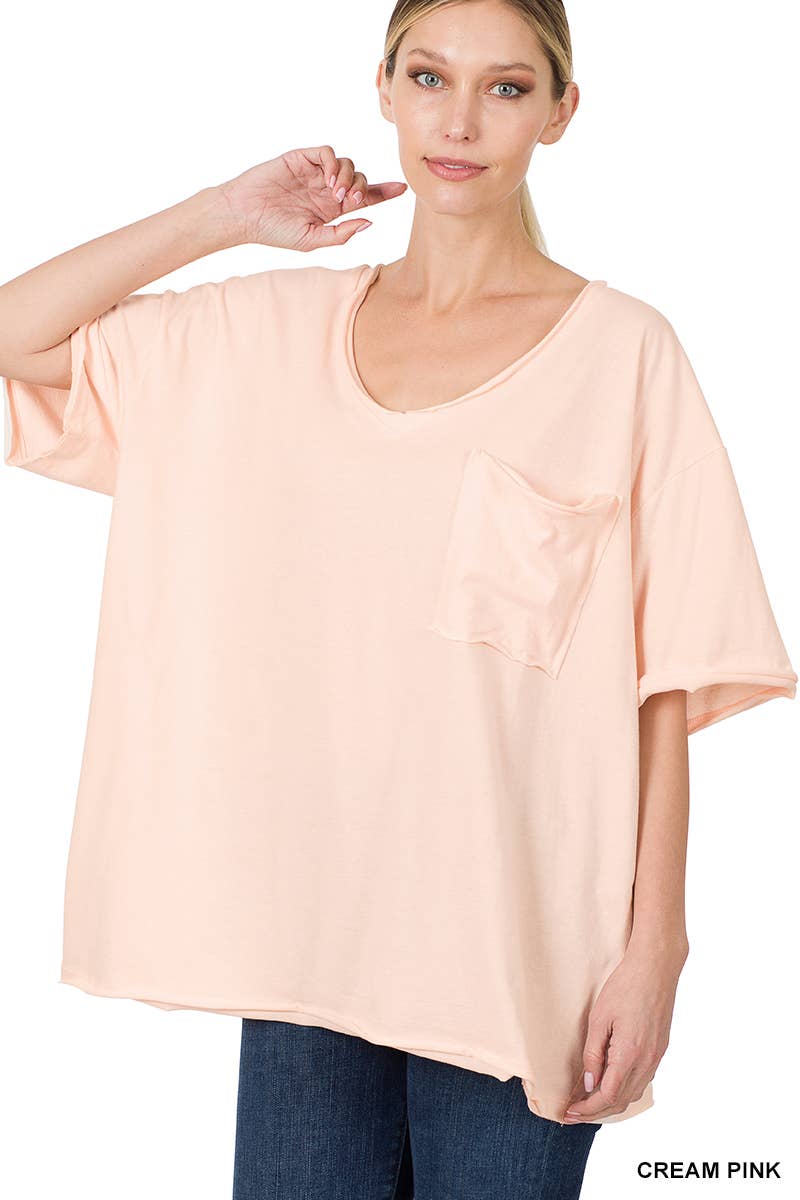 Oversized Front Pocket Raw Edge Boyfriend Tee