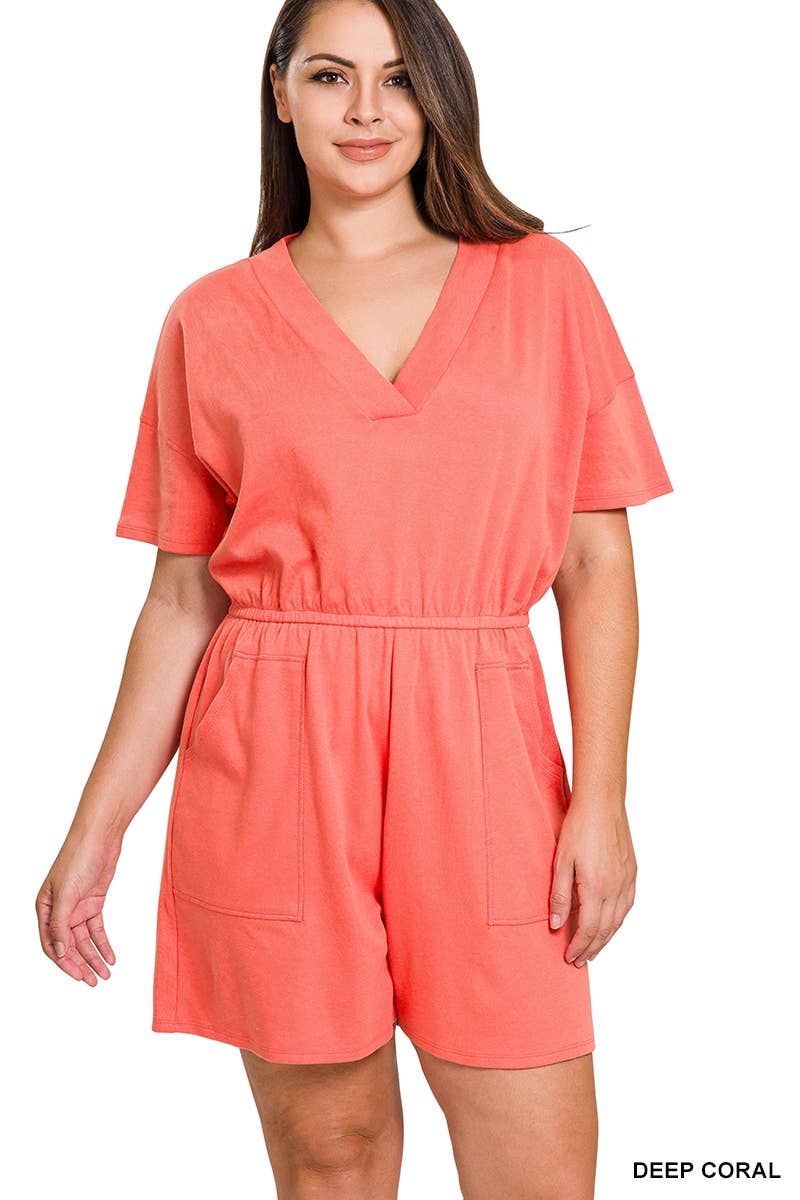 ***SALE*** Plus V-Neck Romper with Pockets