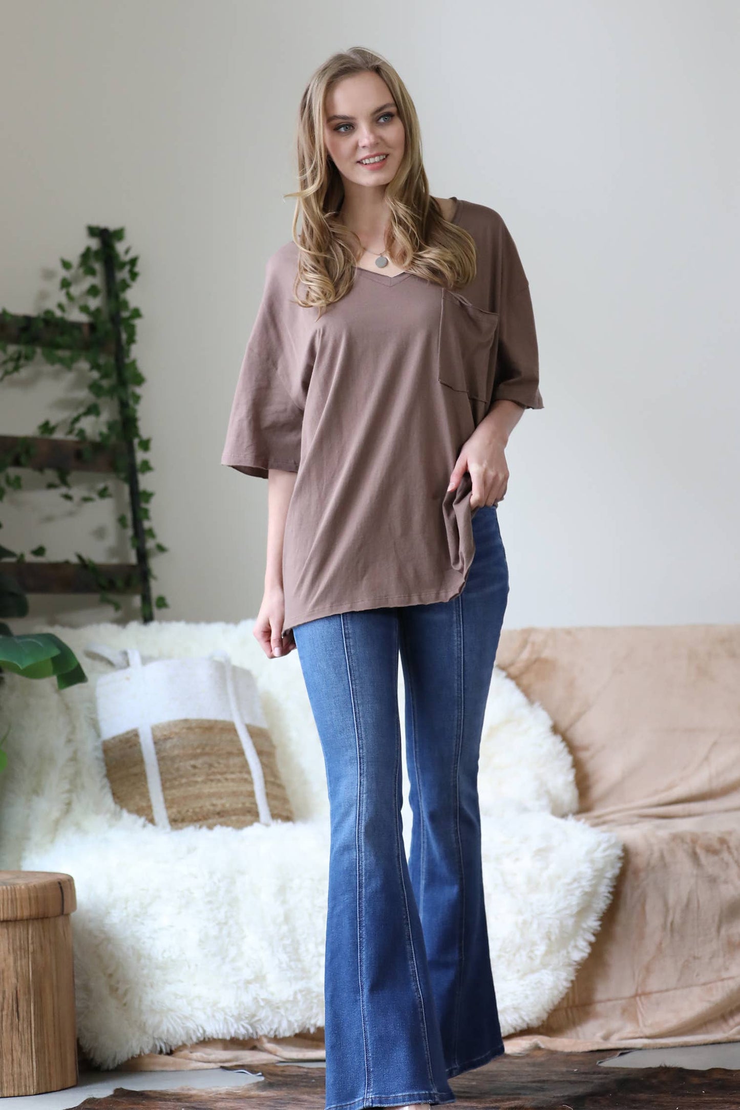 Oversized Front Pocket Raw Edge Boyfriend Tee