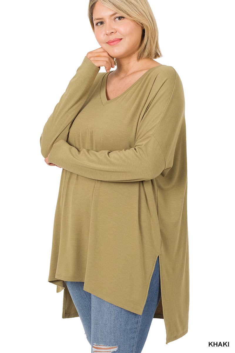 Plus Size Dolman Sleeve V-Neck Side Slit Hi-Low Hen Top