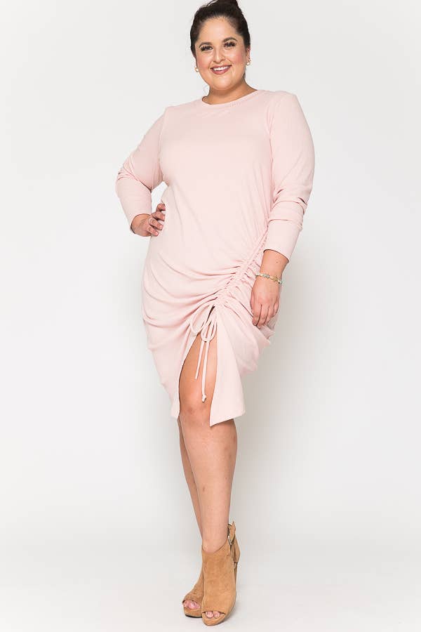 Side Shirring Midi Bodycon Round Neck LS Dress