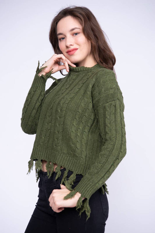 ***SALE*** Olive Fringed Hem Cable Knit Sweater Top