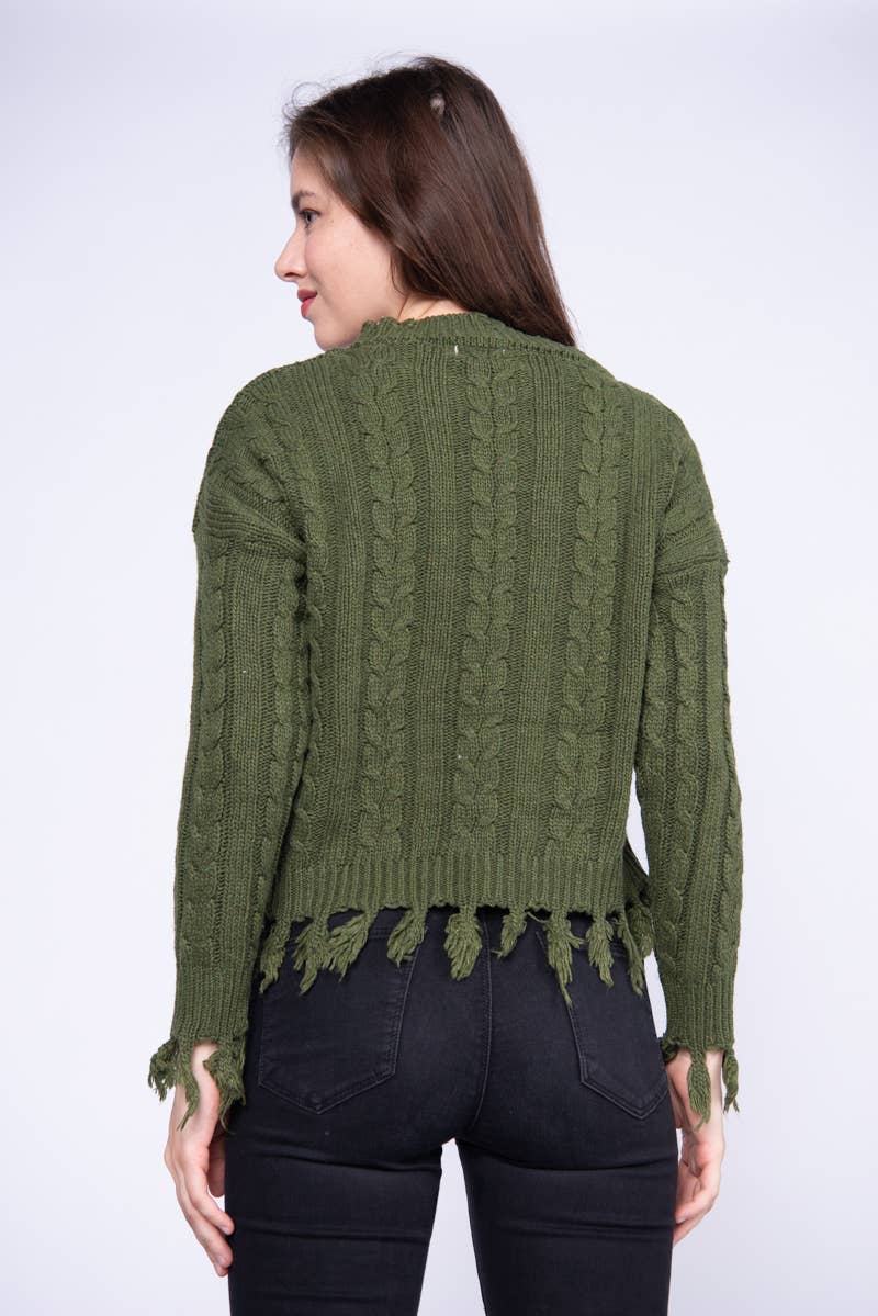 ***SALE*** Olive Fringed Hem Cable Knit Sweater Top