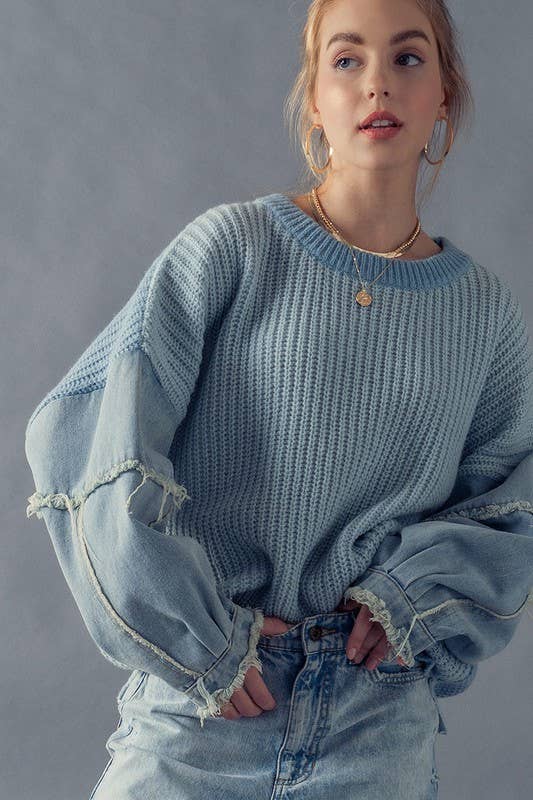 ***SALE*** Two Tone Knit Denim Sleeve Drop Shoulder Sweater