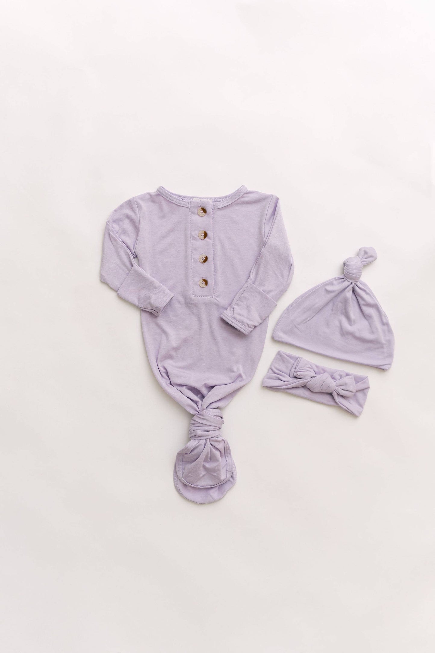 Lavender NB/3M Knot Baby Gown, Hat/Headband Set