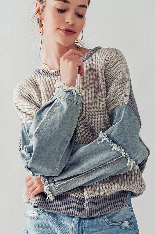 ***SALE*** Grey Two Tone Knit Denim Sleeve Drop Shoulder Sweater