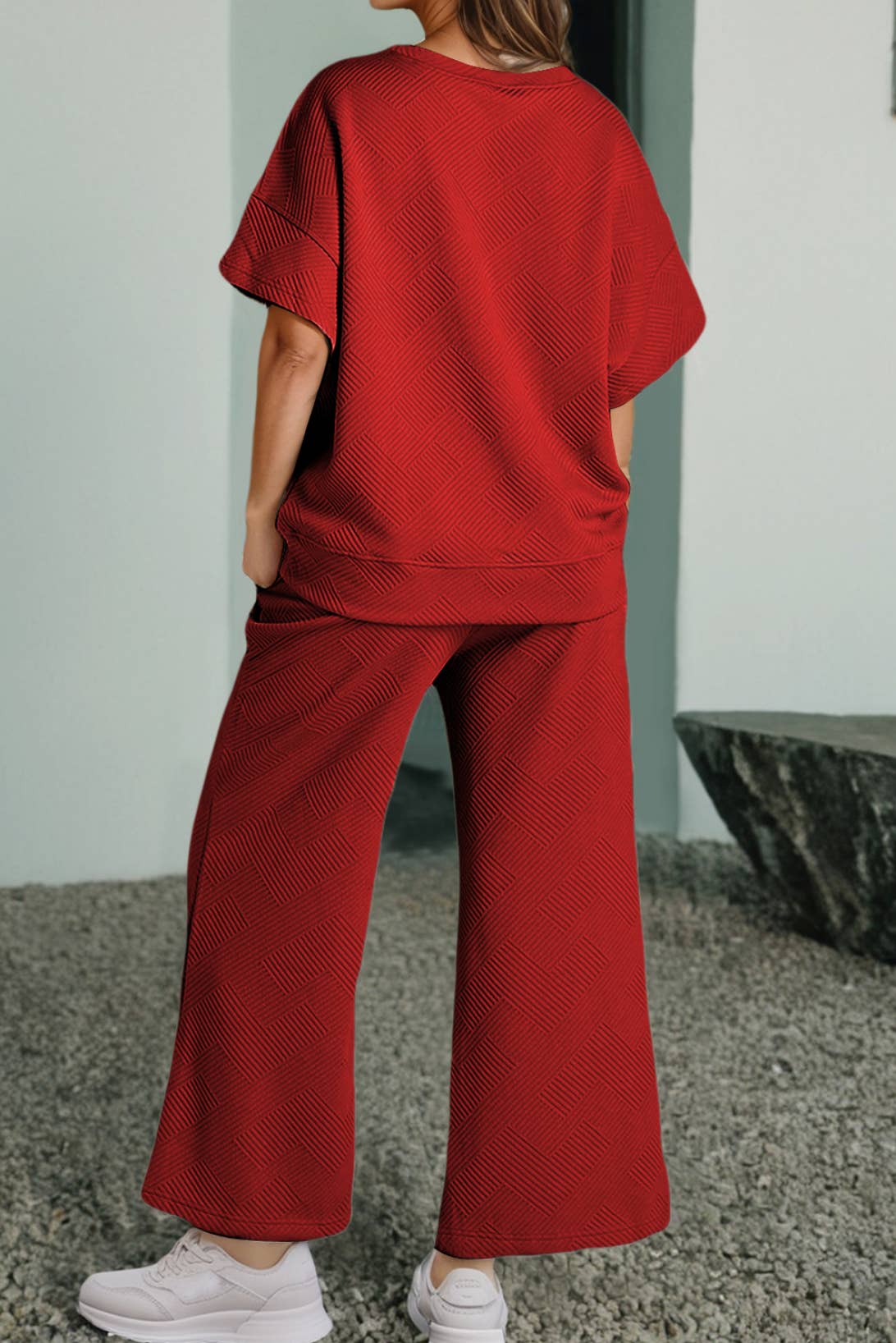 Red Textured TShirt & Pants Set