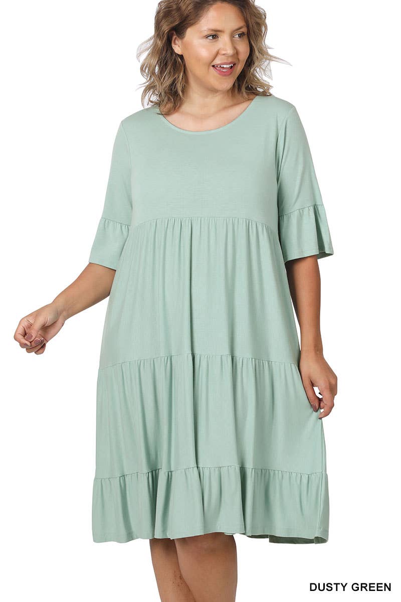 ***SALE*** Dusty Green Plus Ruffle Sleeve Tiered Dress