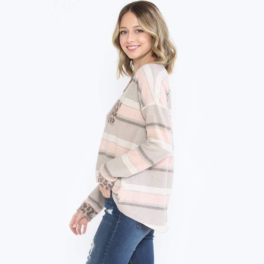 ***SALE*** Taupe/Blue Striped Fleece Blouse